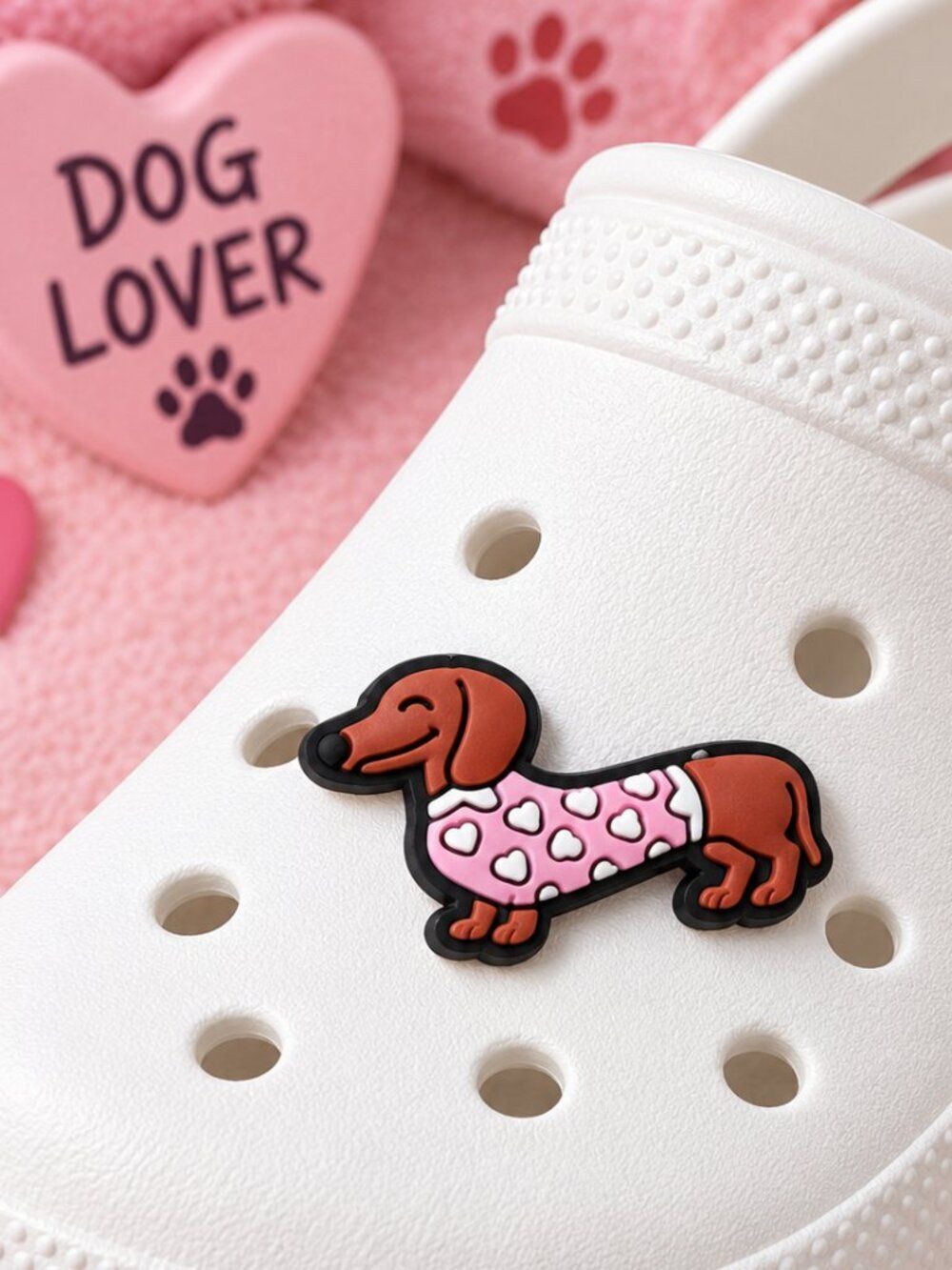 DachshundโCroc Shoe Charm Weenie Doxie Pink Heart Sweater Dog Jibbitz Style